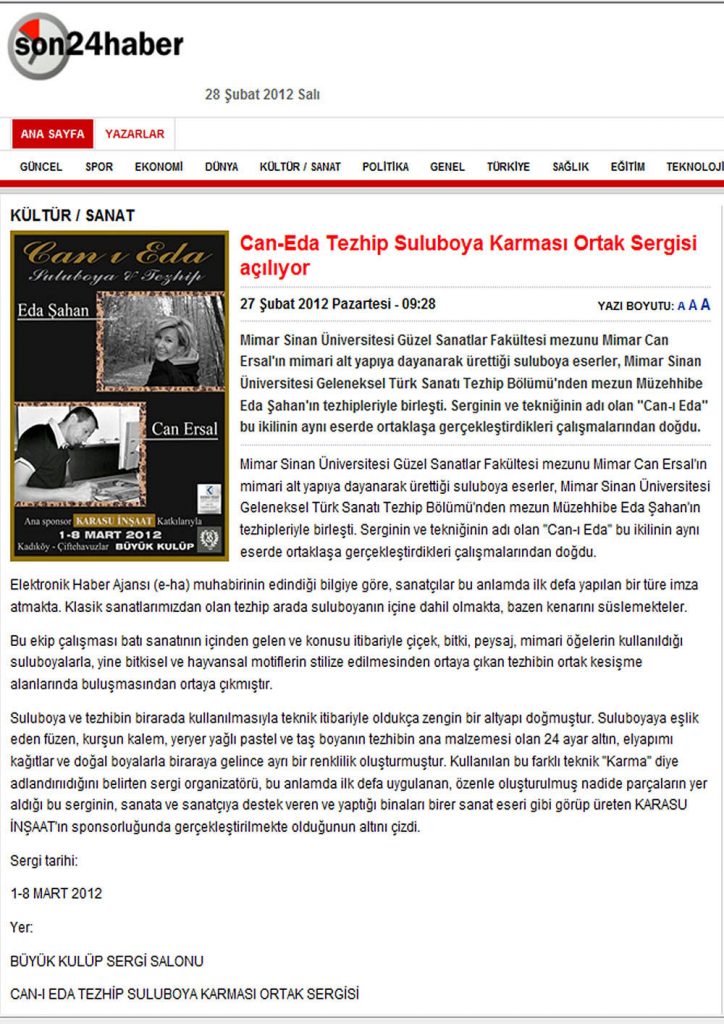 Eda Şahan ve tezhip sanatı hakkında basında çıkan haber